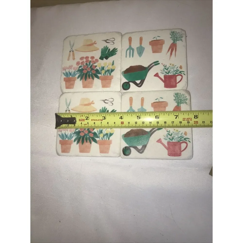 Tabletop Gardening Coaster Set/4 Resin Flowers‎ Hat Wheel Barrow Cg175957